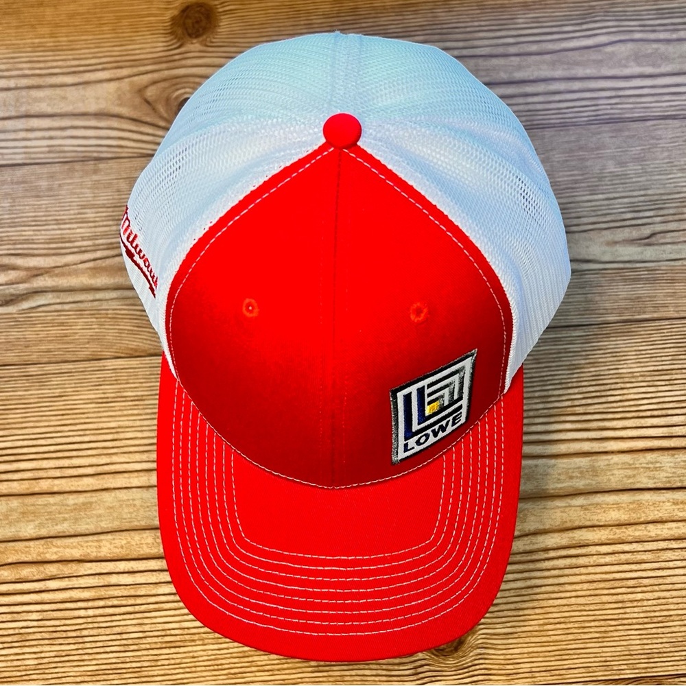 NEW LOWE Red and White Mesh Back Adjustable Snap Back Trucker Hat Cap
